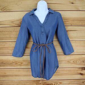 NOBO No Boundaries Tunic Top Women S Blue Cotton Blend Belted Collar Long Sleeve